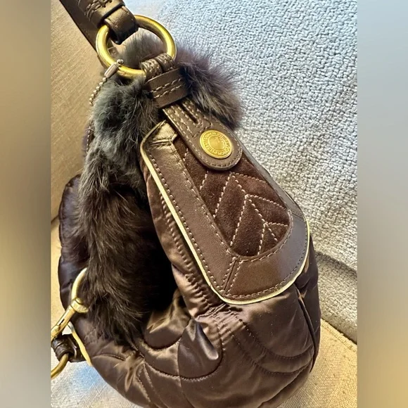 Vintage COACH Dark Brown Quilting Nylon with Fur Opening Shoulder Bag #3587 y2k - Picture 3 of 16